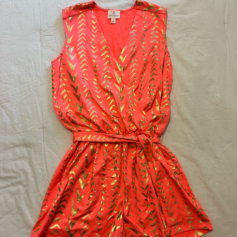 JB by Julie Brown Coral and Gold V-Neck Romper